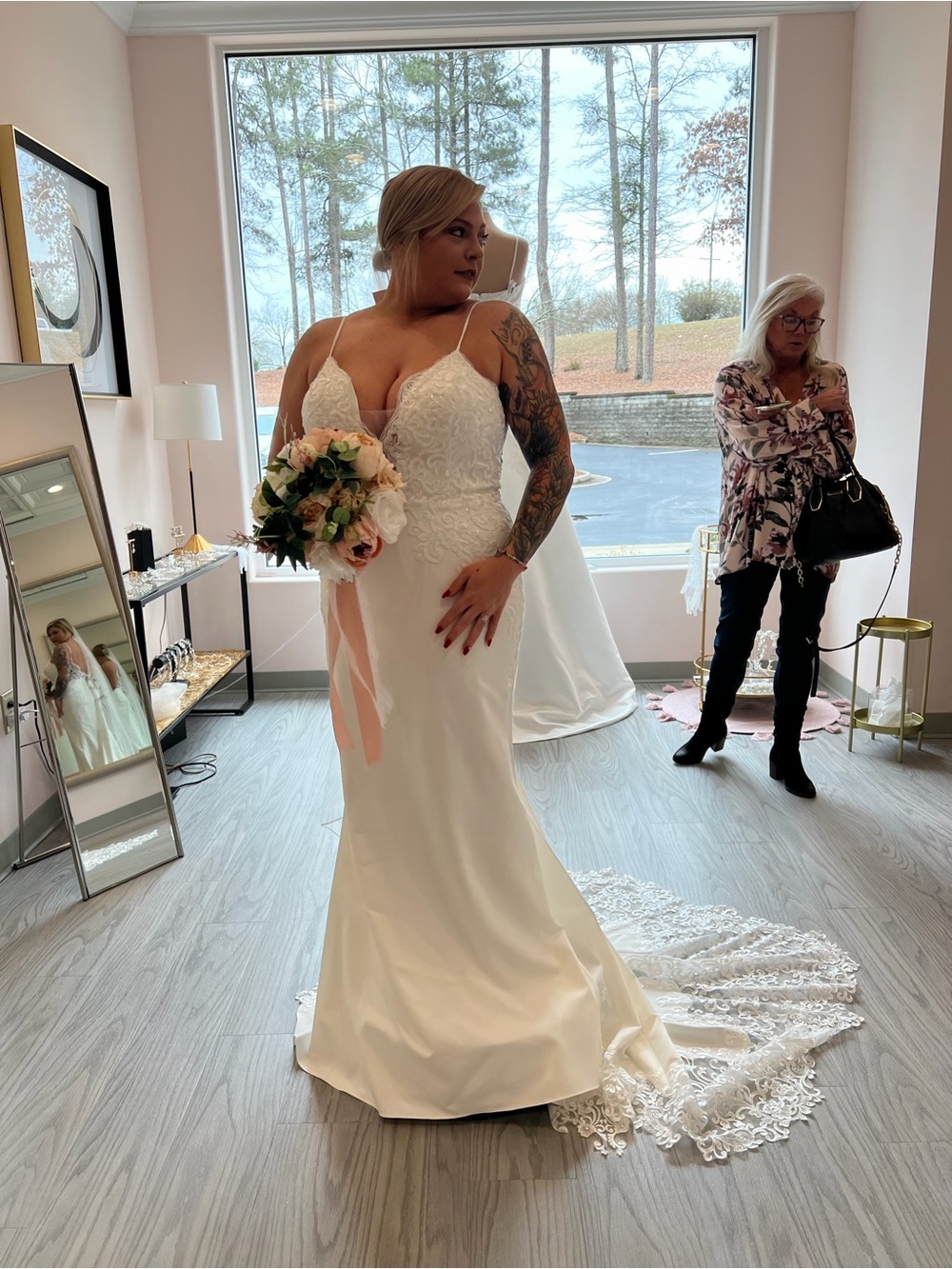 White Lace-Accent Bridal Gown with Spaghetti Straps